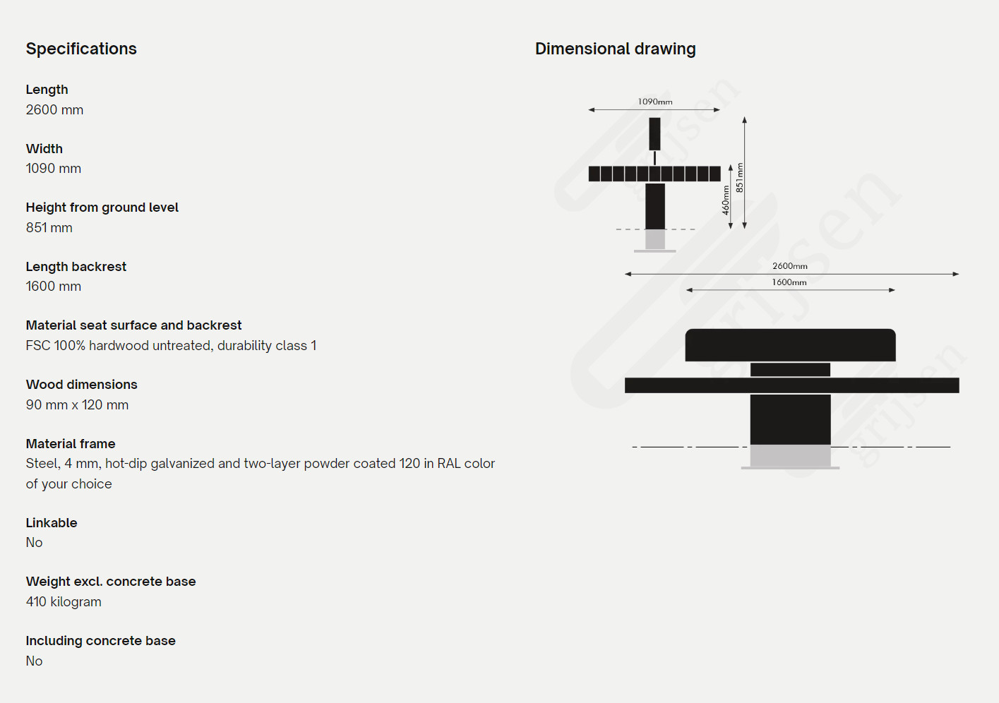 Plane II double seat bænk med ryglæn dimensioner
