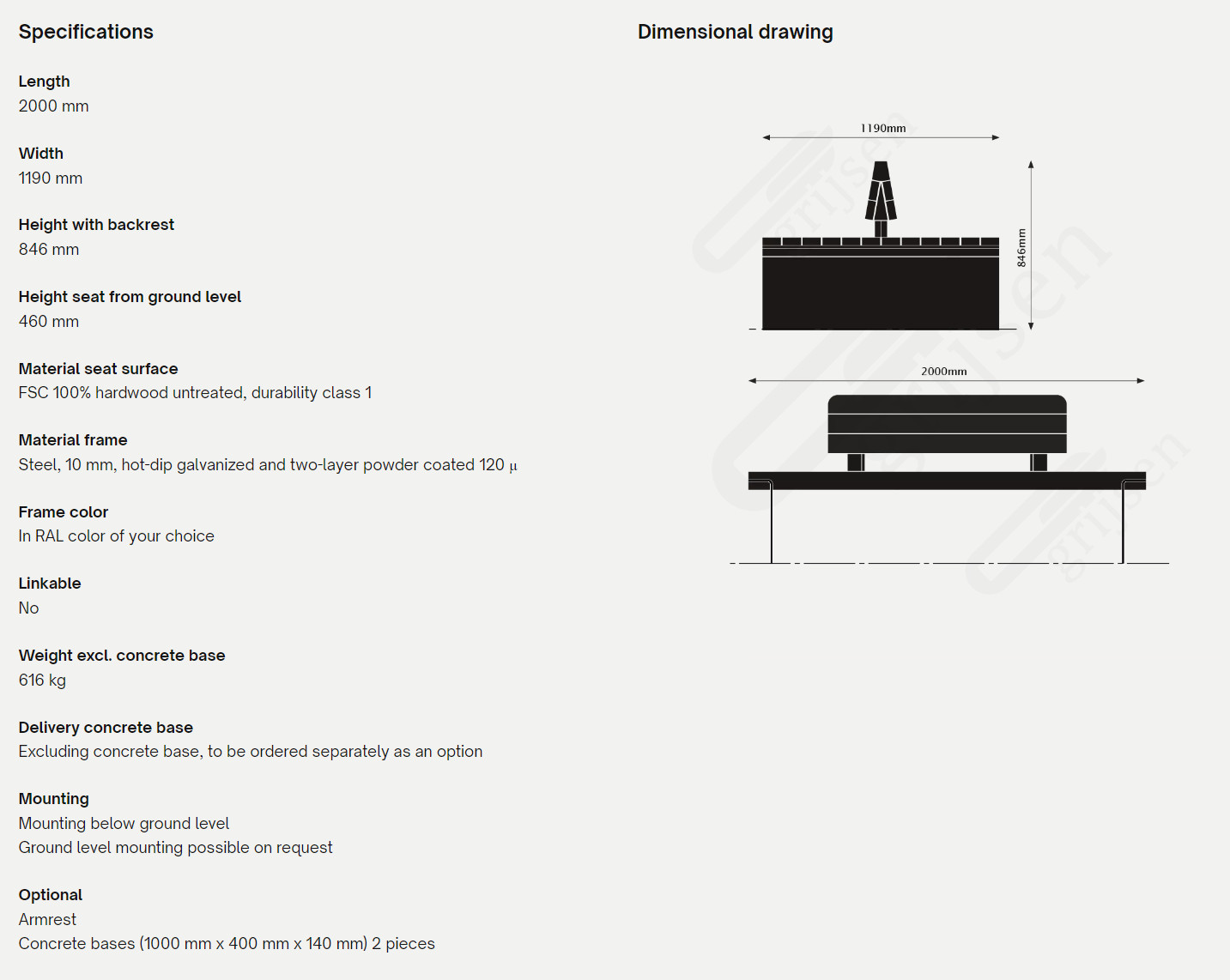 Rondure bænk double seat ryglæn dimensioner